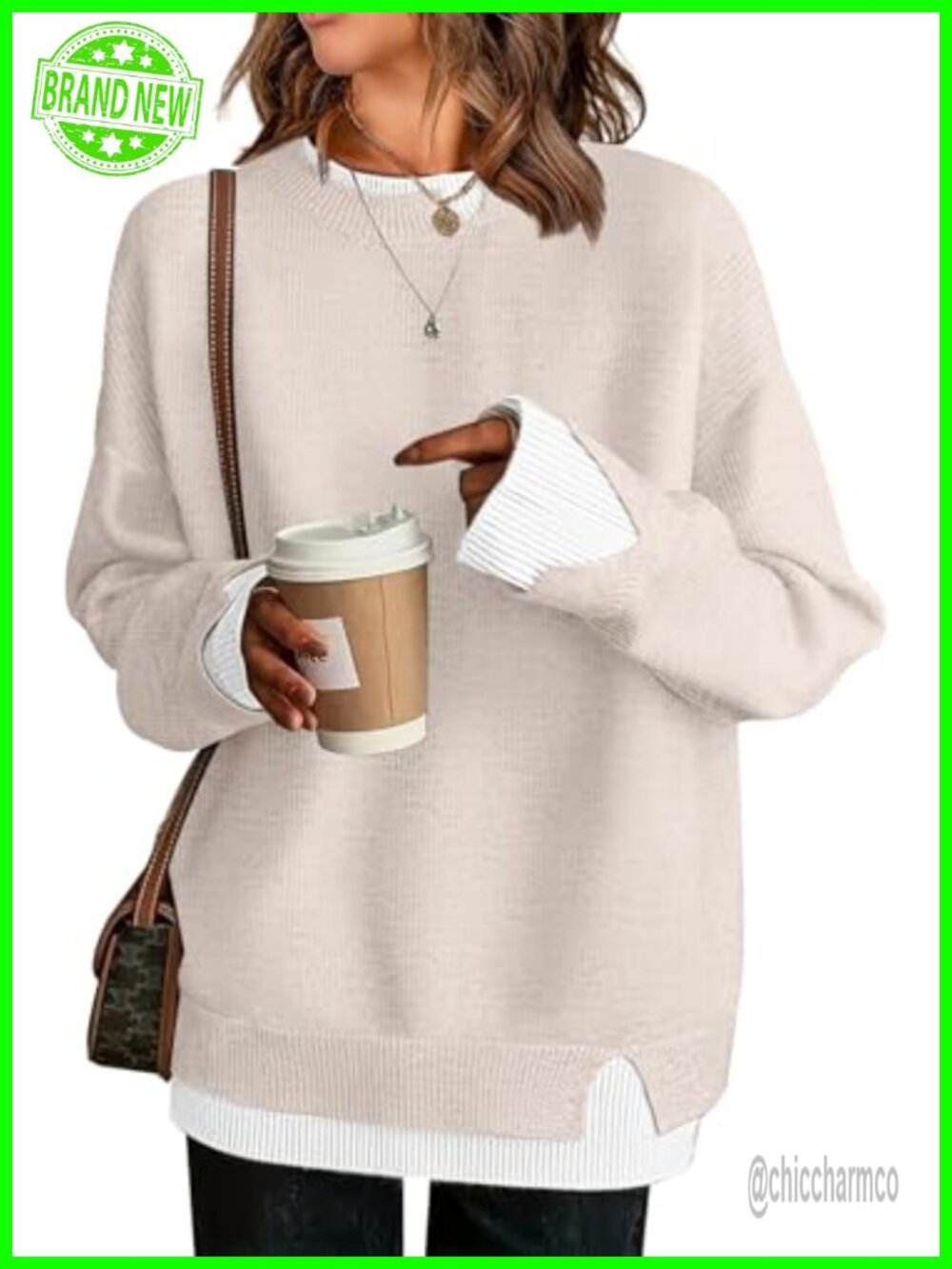 Oversized Crew Neck Pullover Sweater Patchwork Long Sleeve Knit